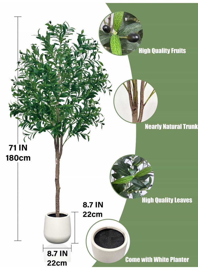 MUXUE 6FT(180CM) Artificial Olive Tree with White Pot - 1300 Realistic Leaves & 71 Fruits, Large Faux Plant for Home, Office & Gift Decor - Image 3